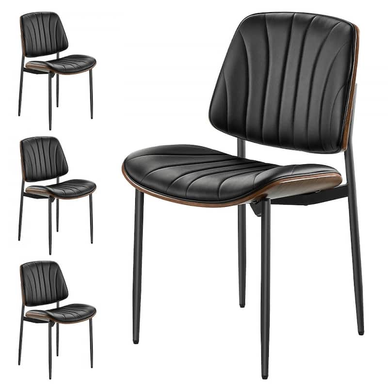 Black Mid-Century PU Leather Bentwood Dining Chair Set with Metal Legs