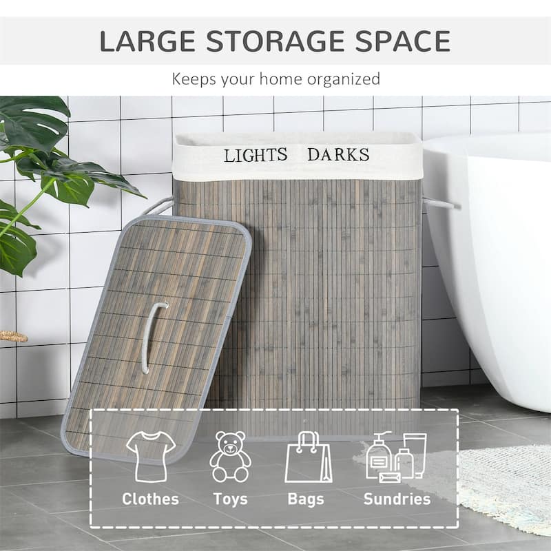 Gray Bamboo Laundry Basket with Dual Compartments Removable Washable Liner 26 Gallon Large Capacity