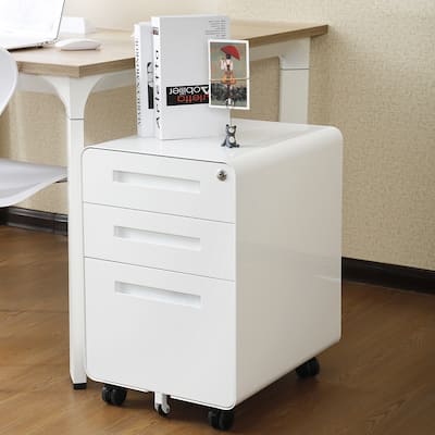 3-Drawer Locking Mobile File Cabinet with Wheels, Metal Home Office Storage Cabinet with Pencil Tray & Hanging Bars