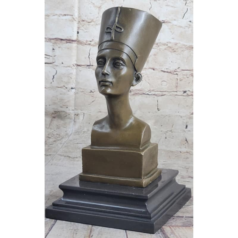 Egyptian Queen Nefertiti Bronze Bust Statue Sculpture Figure On Marble Base 10 Inchesx 5 Inches
