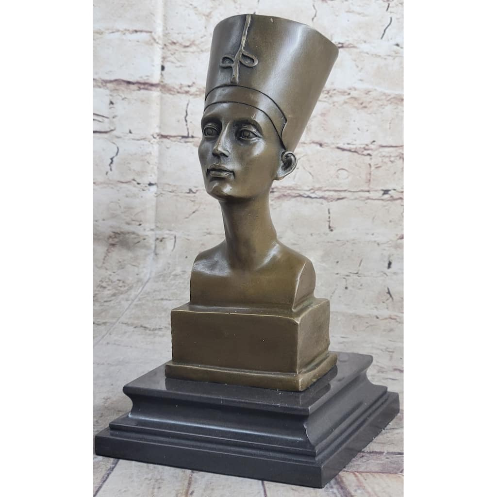 Egyptian Queen Nefertiti Bronze Bust Statue Sculpture Figure On Marble Base 10 Inchesx 5 Inches
