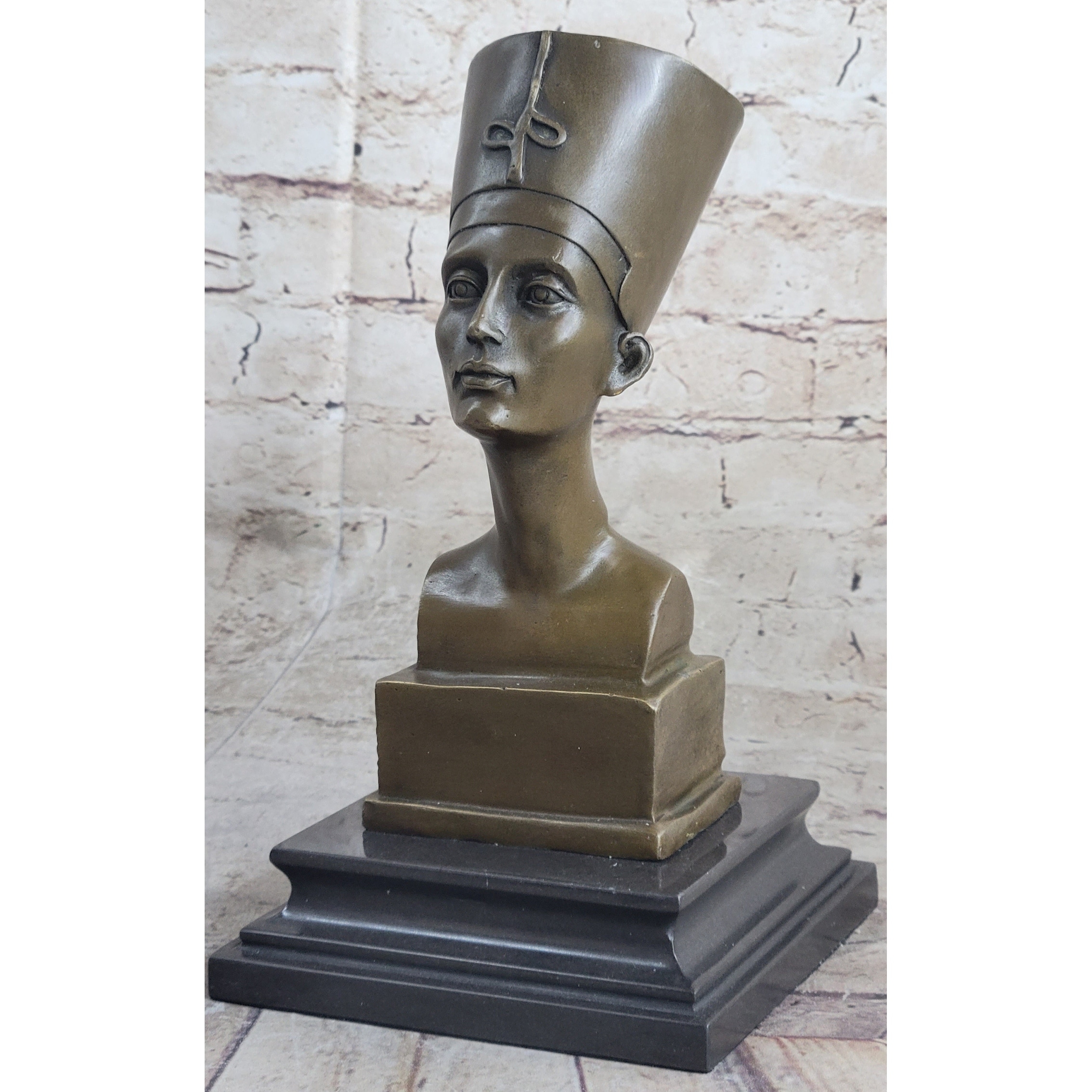 Egyptian Queen Nefertiti Bronze Bust Statue Sculpture Figure On Marble Base 10 Inchesx 5 Inches