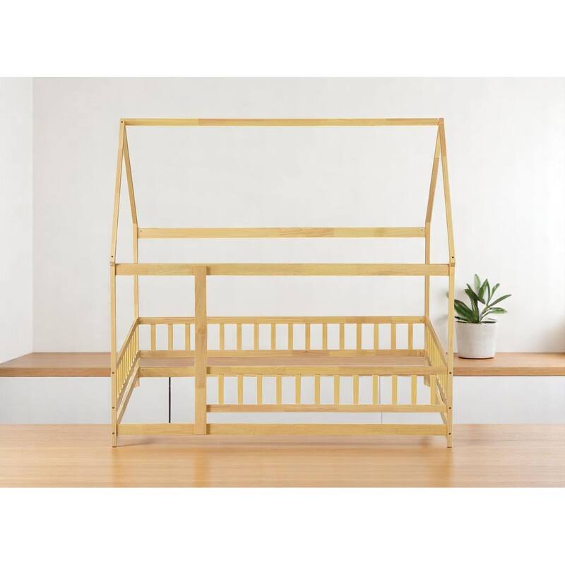 Twin / Full Size Wooden House Bed with Fence and Roof bed Frame, Montessori Style Floor Bed for Kids