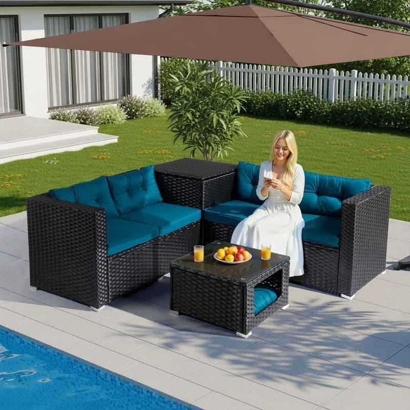 Patio 4-Piece Wicker Sectional Set with 2 Loveseats, Hydraulic Storage Box & Pet House Table