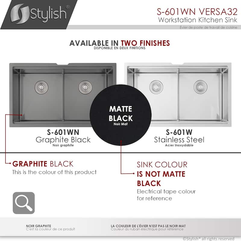 Undermount 32" Graphite Black Double-Bowl Kitchen Sink Handmade - 32" x 19" x 10"