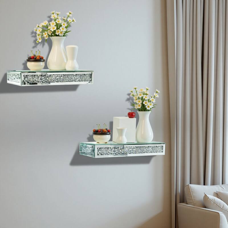 2 Pcs Crushed Diamond Display Shelves for Wall Stylish Floating Wall Shelf for Plants Mirrored Glass Floating Shelf