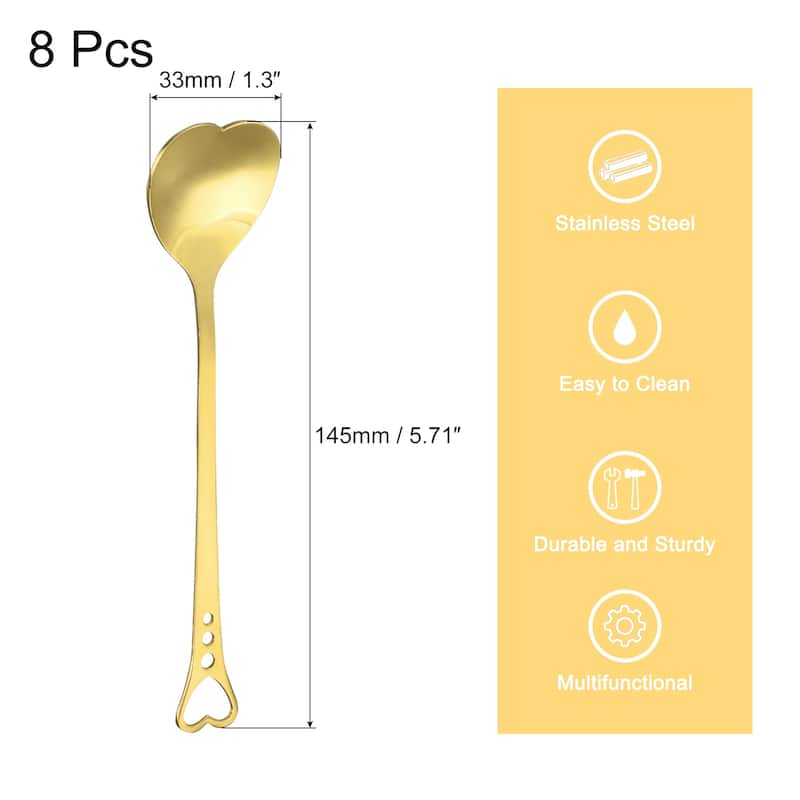 8Pcs 5.7" Stainless Steel Heart Shape Spoons Coffee Spoon Teaspoon - Gold