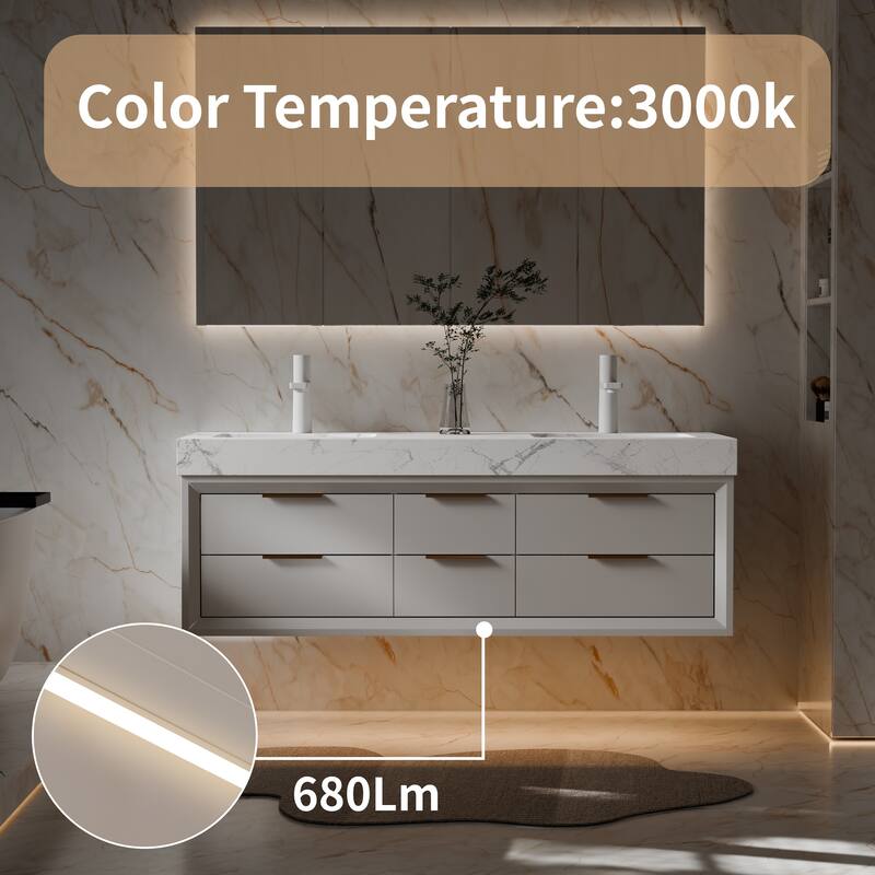 60" Wall-Mount Double Vanity with LED Light. - 60 inch