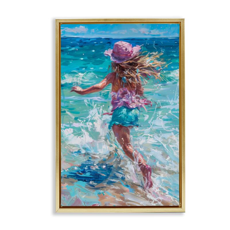 Stupell Summer Beach Fun Girl Framed Floater Canvas Wall Art Design By LSR Design Studio - 21 x 31 - Gold