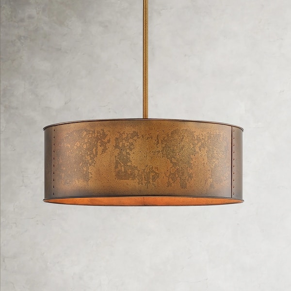 slide 2 of 12, Artisan Antique Bronze Metal Drum Chandelier 20'' W-4 light sockets
