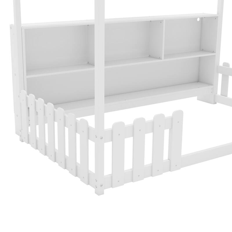 Twin Wooden House Bed with LED Light, Built-in Bookshelf & Safety Guardrails