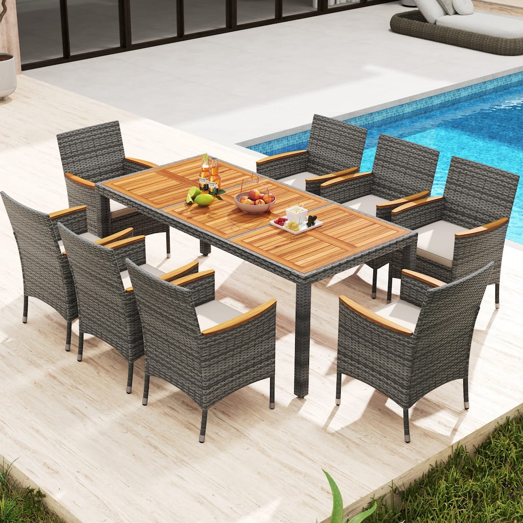 Costway 9PCS Patio Rattan Dining Set Mix Gray Acacia Wood Table