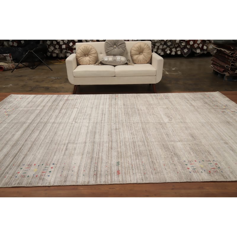 Hand Knotted Oriental Viscose Silk Carpet Tribal Animal Pictorial Beige & Ivories Gabbeh Area Rug - 12' 1'' X 8' 3''