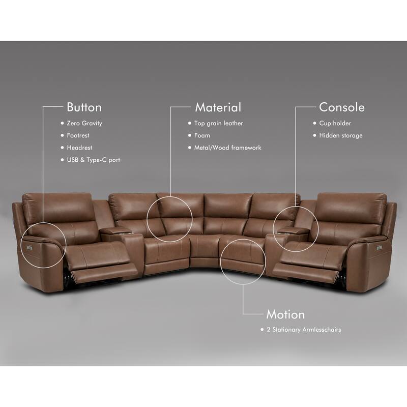 136''W 5 Seats Genuine Leather Power Reclining Double Width Brown Sectional Sofa with Zero Gravity and USB&Type-C Ports