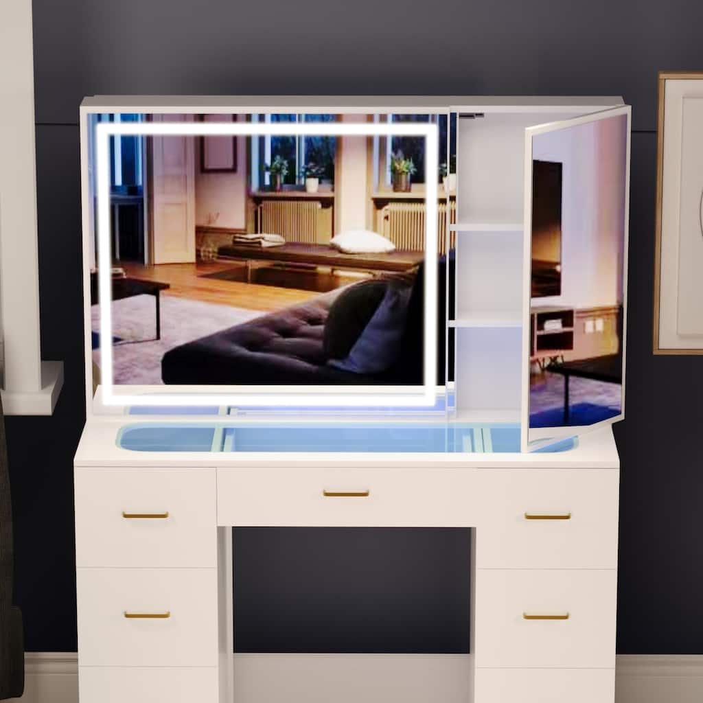Glass Top Vanity Set with Lighted Mirror,Extra Large Mirror Makeup Vanity Table with 7 Drawers&Cushioned Stool