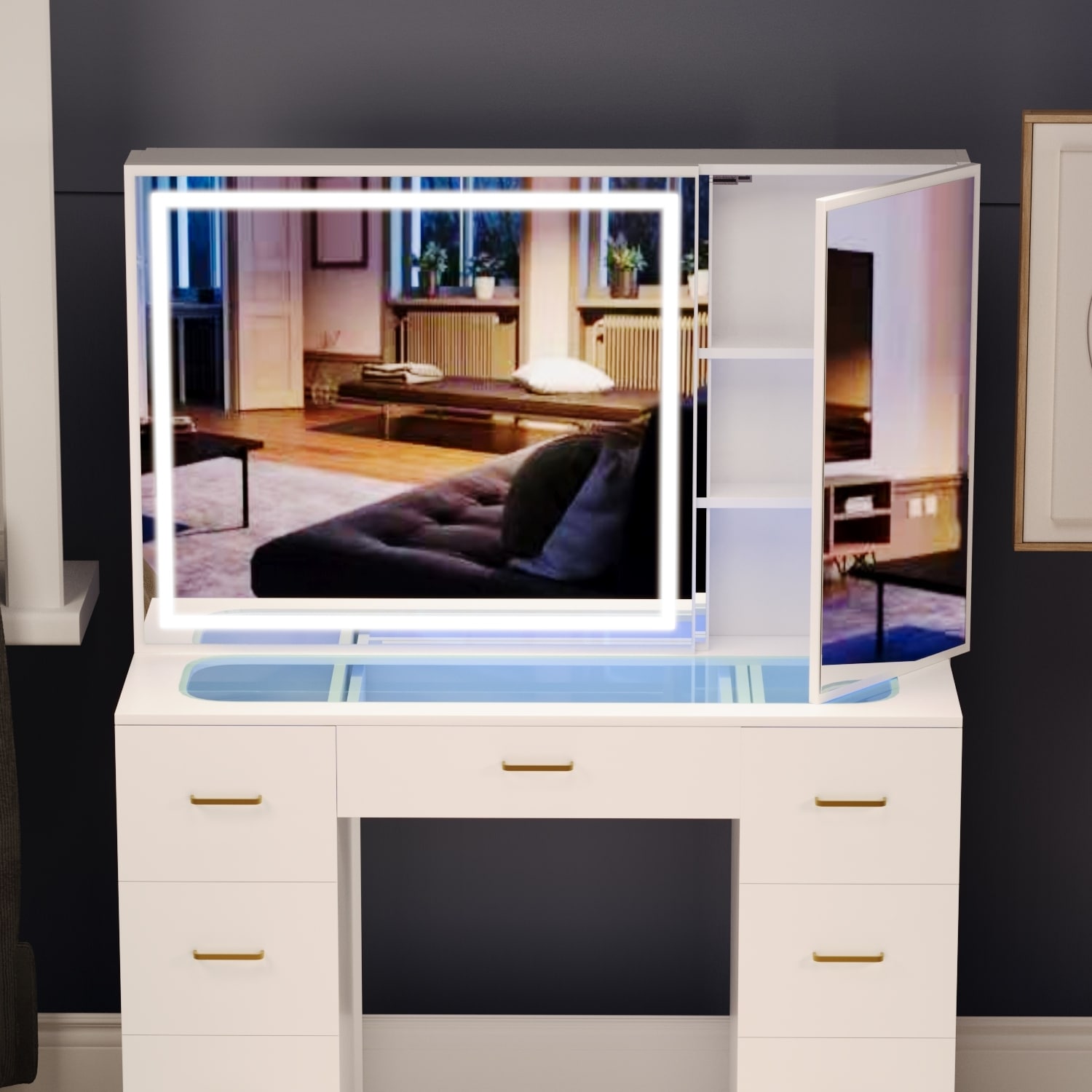 Glass Top Vanity Set with Lighted Mirror,Extra Large Mirror Makeup 