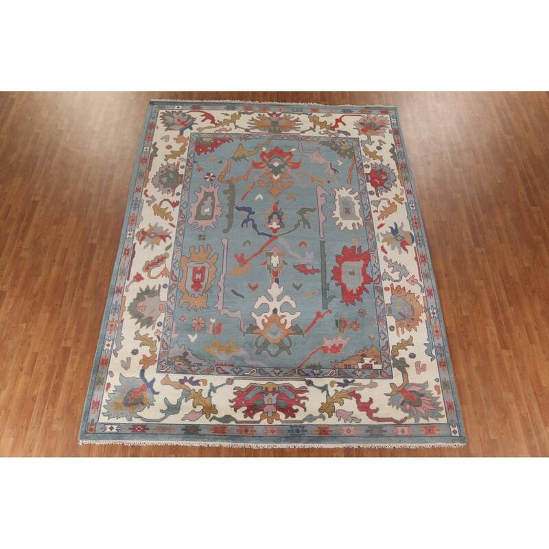 Floral Blue Oushak Oriental Area Rug Hand-Knotted Wool Carpet - 9'3" x 12'0"