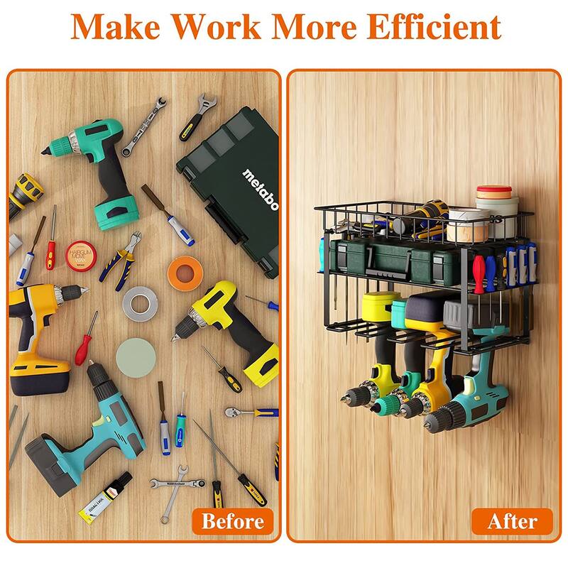 Black Steel Wall-Mounted Tool Storage Rack 3-Layer Organizer for Garage Workshop Tools - 16.22”L x 8.31”W x 7.87”H