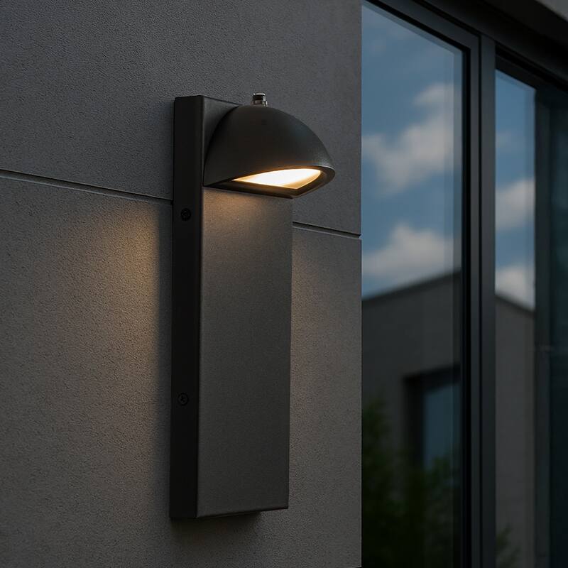 Modern Outdoor Integrated LED Wall Light with Dusk-to-Dawn Sensor Minimalist Lines Black Exterior Sconce with Frosted Glass