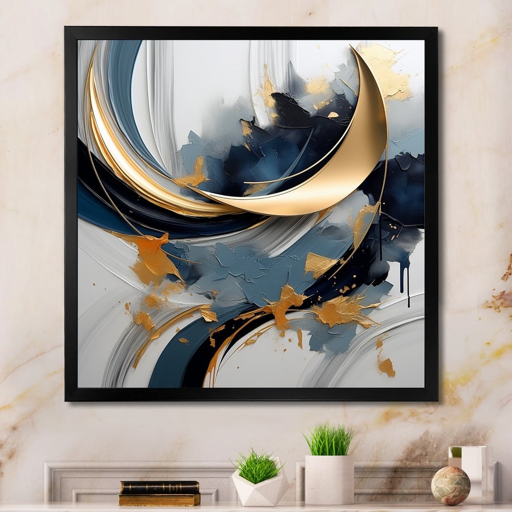 Designart "Abstract Golden Blue Whirls Of Serenity II" Abstract Fractal Gold - Modern Entryway Framed Wall Art Print