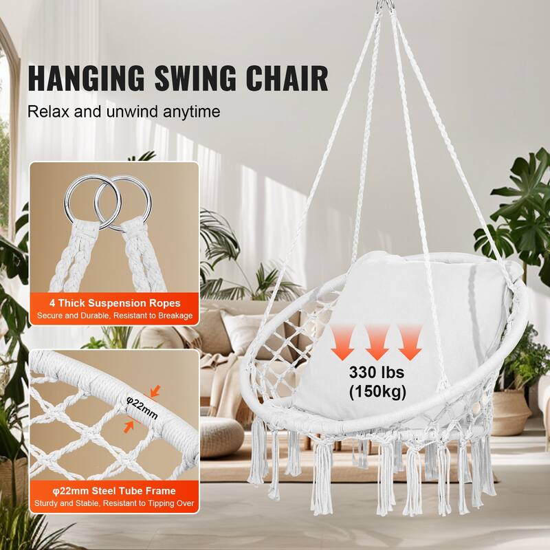 Hanging Hammock Swing Chair, Macramé Hanging Chair with Cushion and Mounting Hardware, Cotton Rope Swing Chair