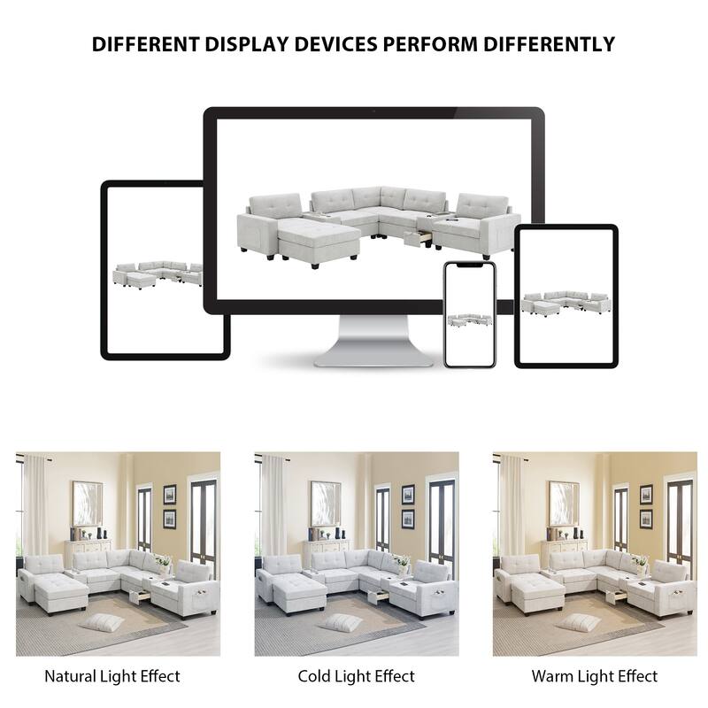 104" Chenille U-Shaped Sectional Sofa with Acrylic Table Tops 2 Consoles Storage Drawers USB Charging Movable Ottoman