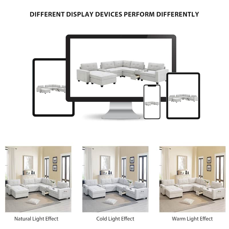 104" Chenille U-Shaped Sectional Sofa with USB & 2 Acrylic Side Tables