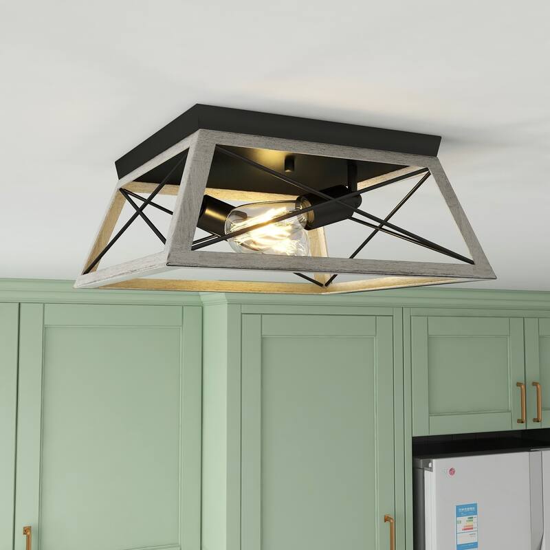 2-Light Black Metal and Wood Flush Mount - 12" - Gray