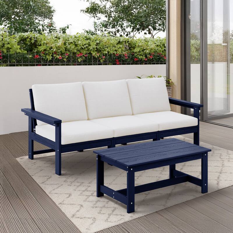 Outdoor Patio HDPE 3-Seat Sofa and Coffee Table Set, Removable Cushions Included