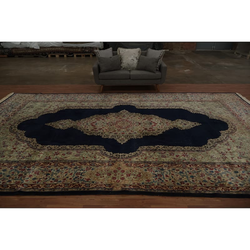 Hand Knotted Oriental 100% Wool Carpet Traditional Floral Navy Blue & Blues Kerman Area Rug - 16' 10'' X 10' 2''