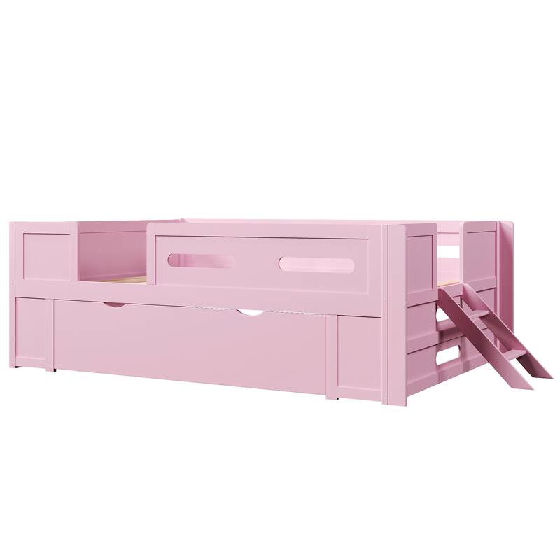 Kids Low Loft Bed with Stairs, Large Drawer and Guardrail, Semi-Enclosed Fence Platform Toddler Bed, Wooden Storage Daybed