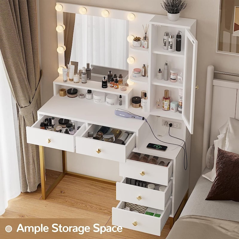 Makeup Vanity with Charging Station Mirror with Lights 5 Drawers