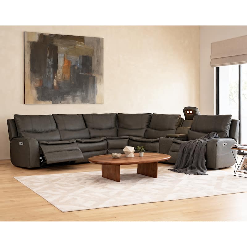 6PCS, 2 Power Recliners, Faux Leather Sectional with Adjustable Headrests, Dodble Width Seat, Wireless Charging and Reading Lamp - Grey