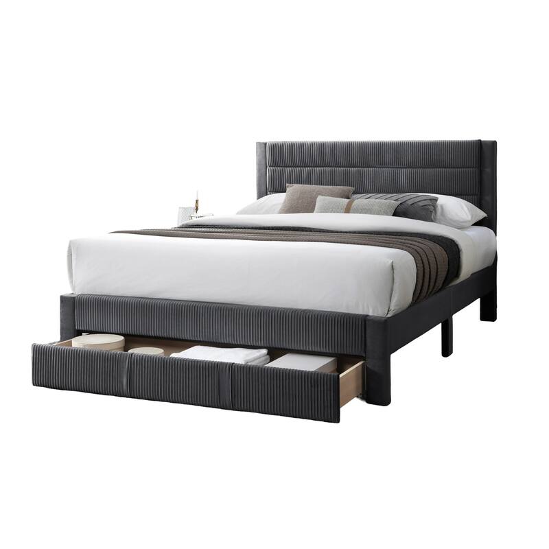 Queen Size Corduroy Platform Bed with Storage Drawer and Channel-Tufted Headboard and Contemporary Design