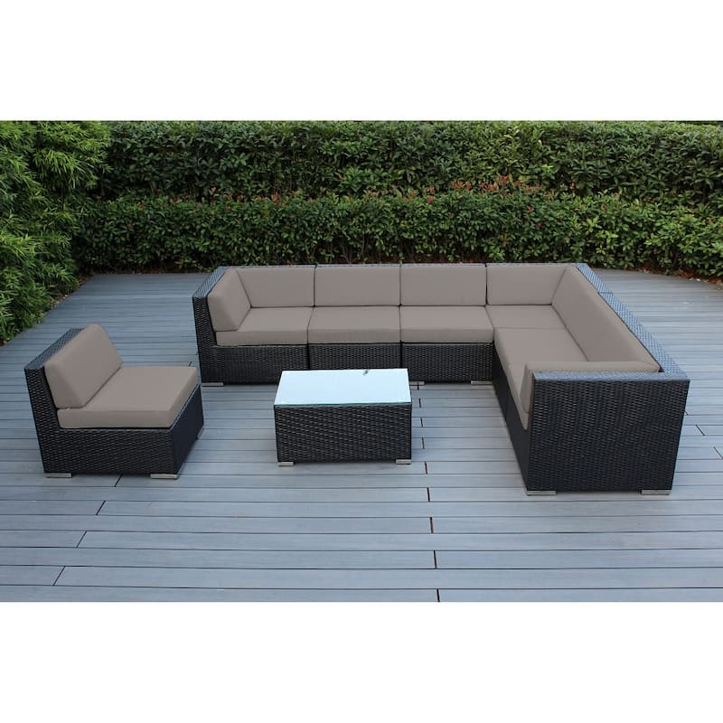 Ohana Outdoor Patio 8 Piece Black Wicker Sectional Set with Cushions - No Assembly - Sunbrella Taupe