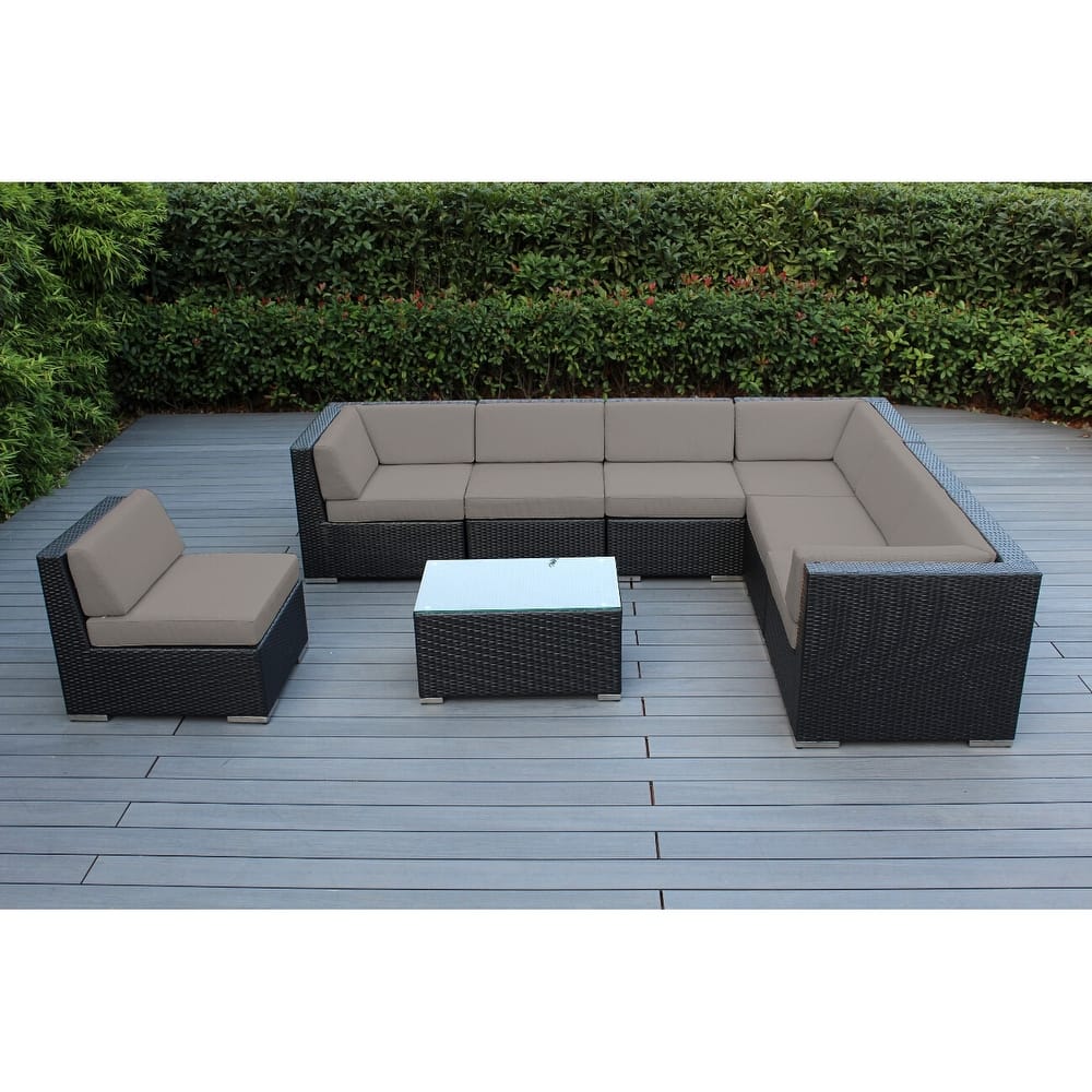 Ohana Outdoor Patio 8 Piece Black Wicker Sectional Set with Cushions - No Assembly