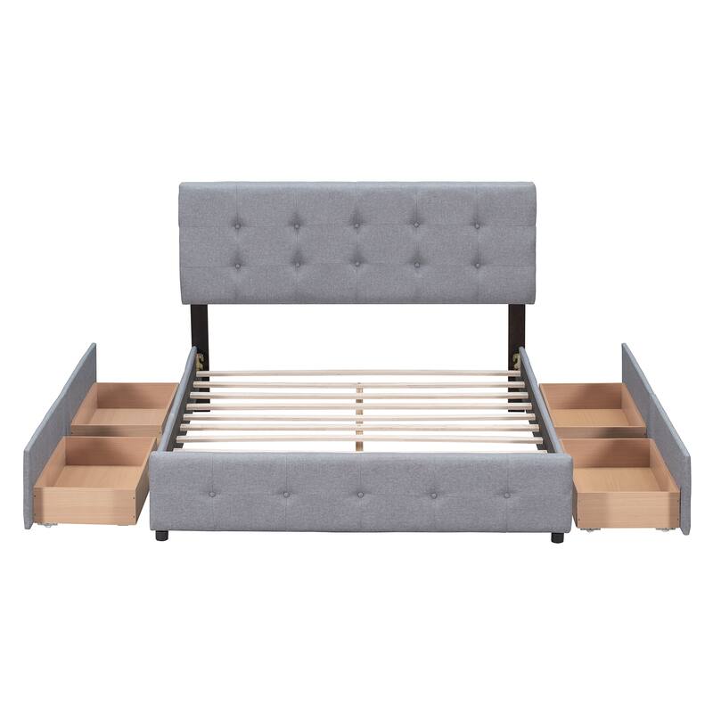 Upholstered Platform Bed with Classic Headboard, 4 Storage Drawers, No Box Spring Required, and Durable Linen Fabric