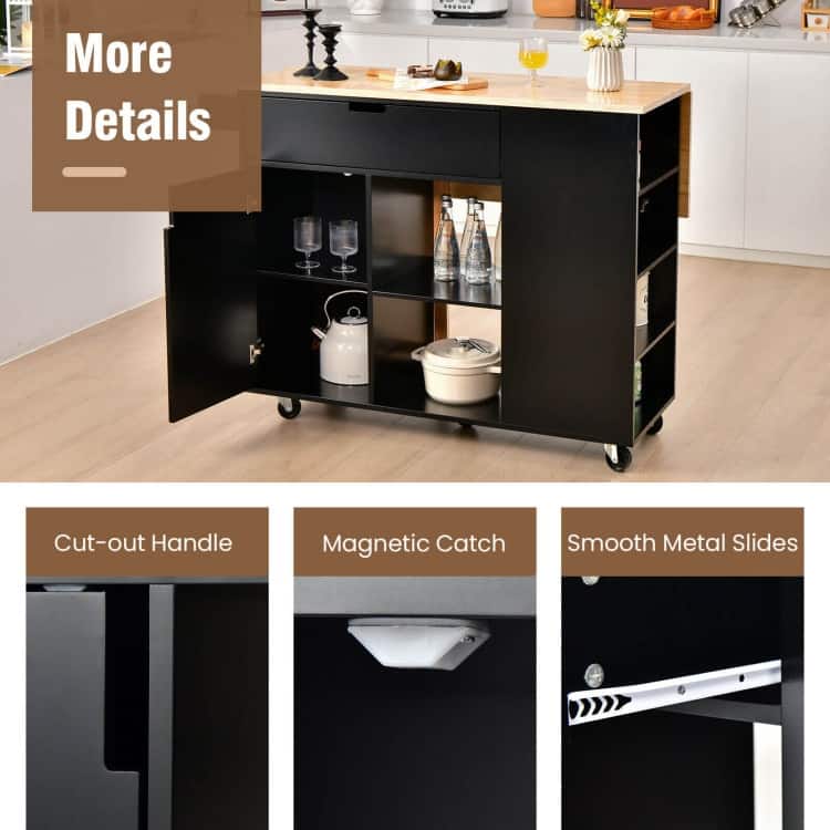 Drop-Leaf Kitchen Island with Rubber Wood Top - 49" x 30" x 36"(L x W x H)