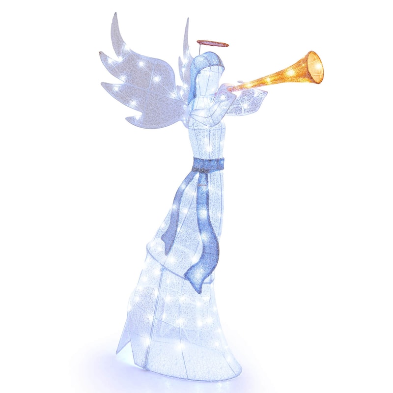 Christmas Angel w/ Trumpet Wings Lighted Winged Holiday Figure - White