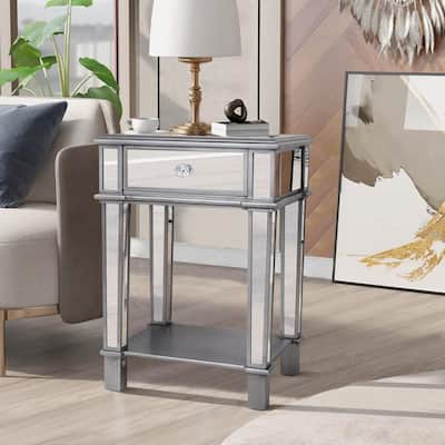 Silver Glass Mirror Side Nightstand Table with Open Shelf for Bedroom