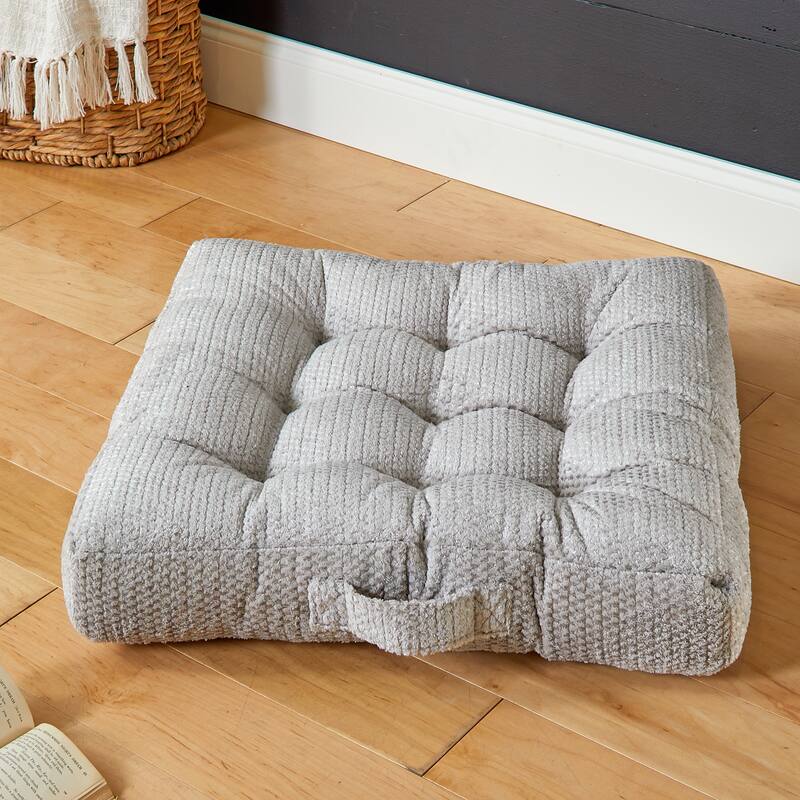 Sorra Home Velvet Shimmer Indoor Textured Tufted Floor Pillow with Handle - 24 in x 24 in x 5 in Squre - Sutherland Dove