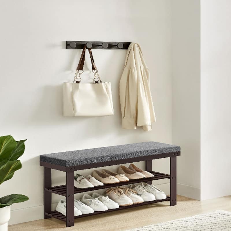Wicker Shoe Bench with Cushion and 2-Tier Storage Shelves for Entryway for Holds Up to 8 Pairs - 11.4"D x 35.4"W x 19.3"H