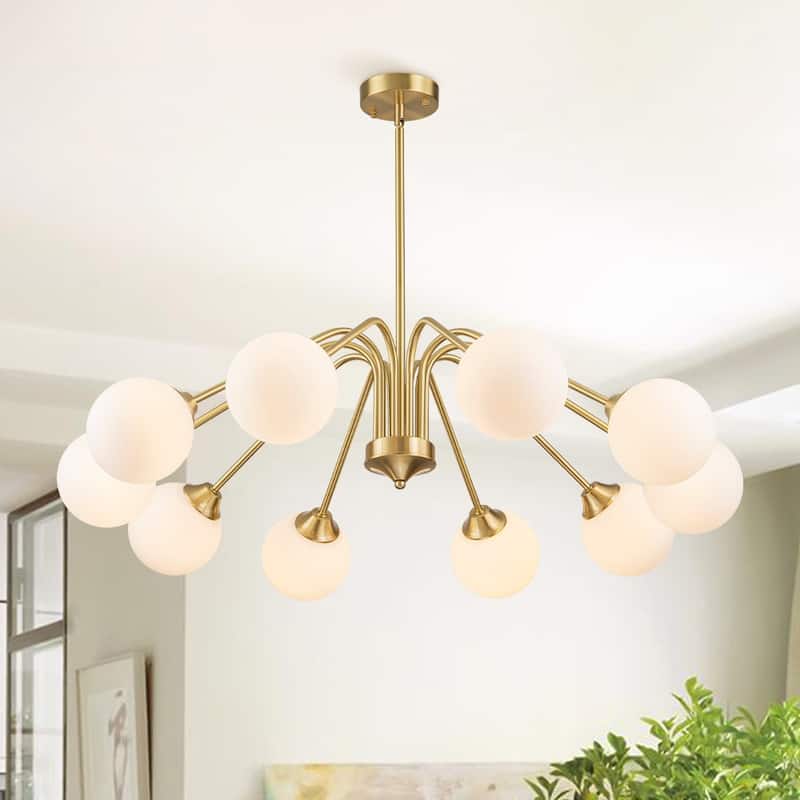 Mid-century Brass Opaline Glass Globe Radial Chandelier - 37.8in