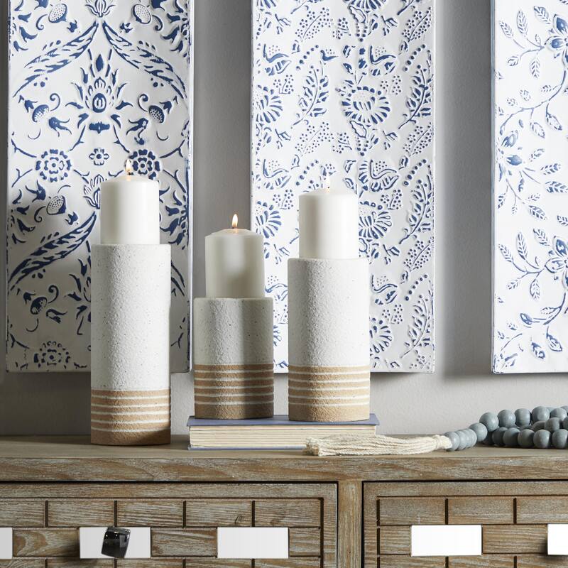 White or Blue Metal Striped Pillar Decorative Candle Holder (Set of 3) - White