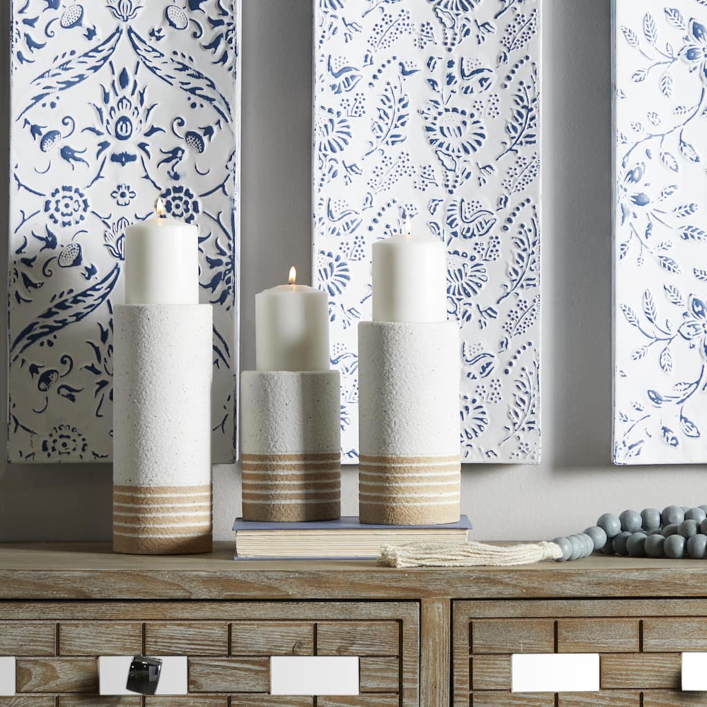 White or Blue Metal Striped Pillar Decorative Candle Holder (Set of 3)