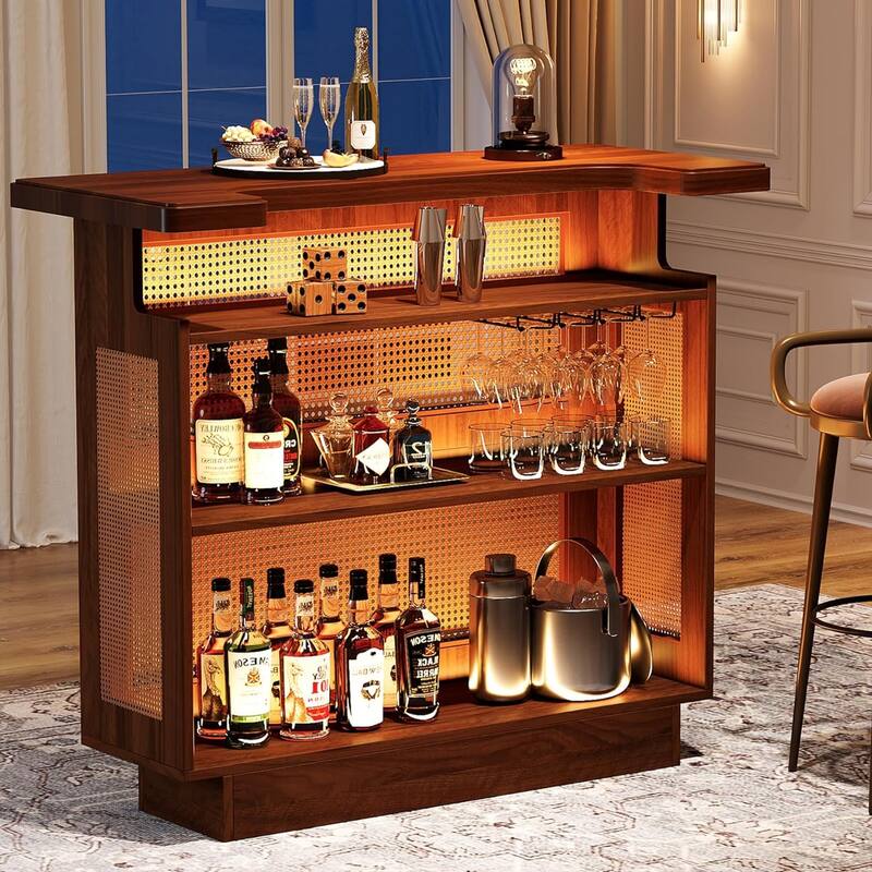Farmhouse Bar Unit, 4-Tier Rattan Home Bar Table with Stemware Racks
