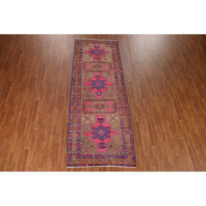 Handmade Ardebil Persian Vintage Runner Rug Geometric Wool Carpet - 3'11" x 10'7"