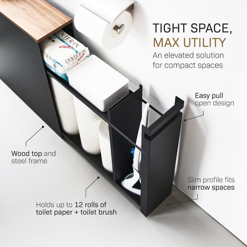 Yamazaki Home Pull-Out Bathroom Storage Cabinet, Steel and Wood - L 22.05 x W 5.51 x H 21.65 inches