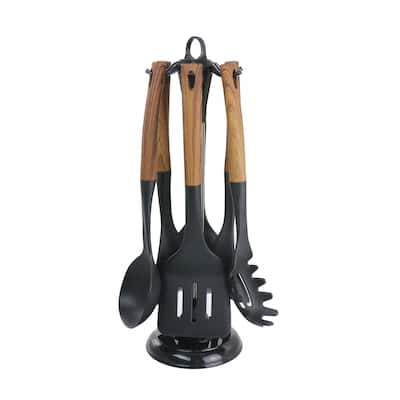 MegaChef 7 Piece Black Nylon Kitchen Utensil Set With Wood Design