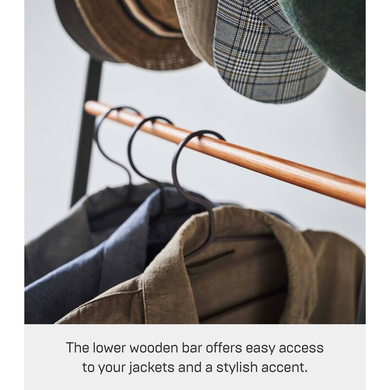 Yamazaki Home Coat Rack with Hat Storage, Steel and Wood - L 16.54 x W 19.69 x H 65.75 inches